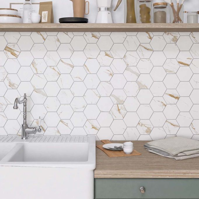 GTS Calacatta Gold Glazed Porcelain 1" Hexagon Tile, 12" x 12"