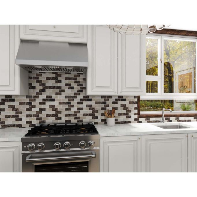 GTS Travertine & Emperador Mixed Mounted Mosaic 2" x 4" Subway Tile, 12" x 12"