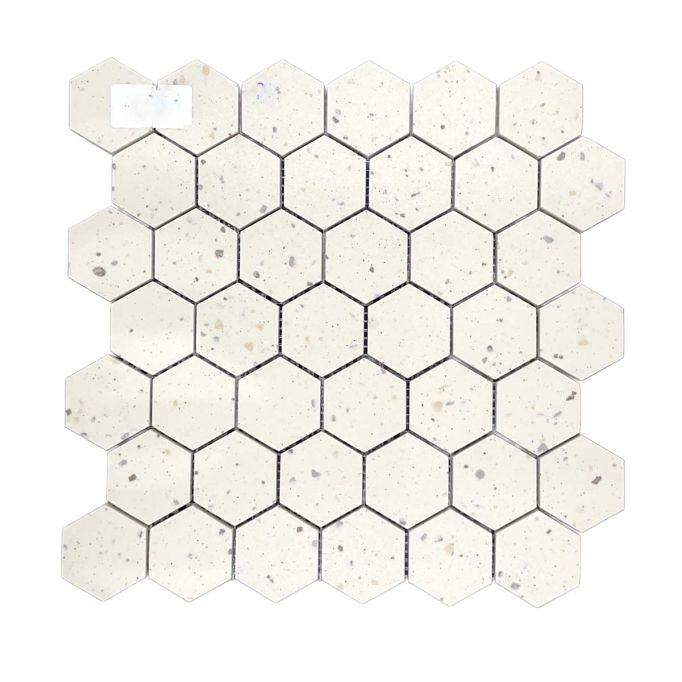 GTS White Terrazzo Porcelain Mosaic 2" Hexagon Tile, 12" x 12"