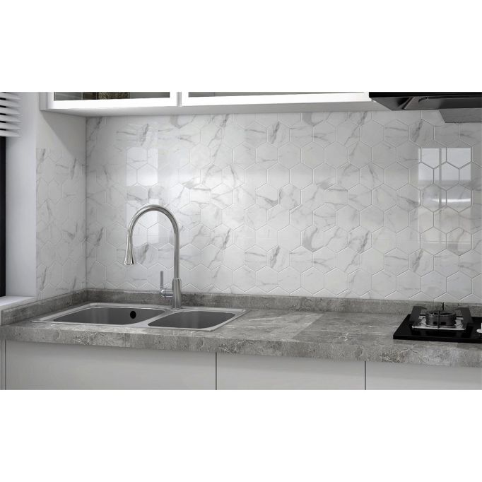 GTS Statuario Recycled Glass 4" Hexagon Tile, 12" x 12"