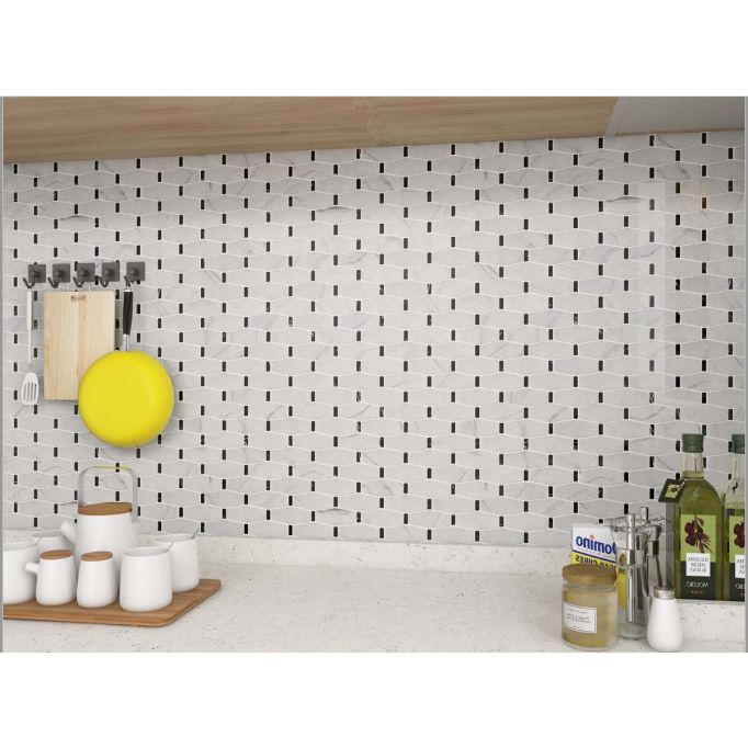 GTS Statuario Picket W/ Black Stone Recycled Glass Tile, 12" x 12"