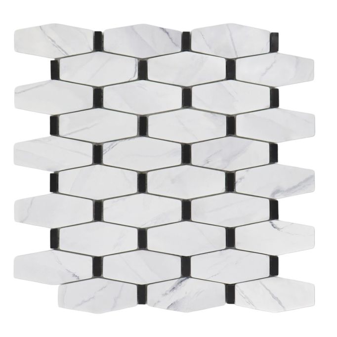 GTS Statuario Picket W/ Black Stone Recycled Glass Tile, 12" x 12"