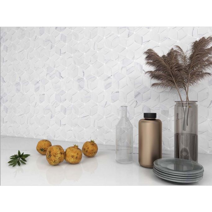 GTS Statuario Patterned Recycled Glass Diamond Tile, 12" x 12"