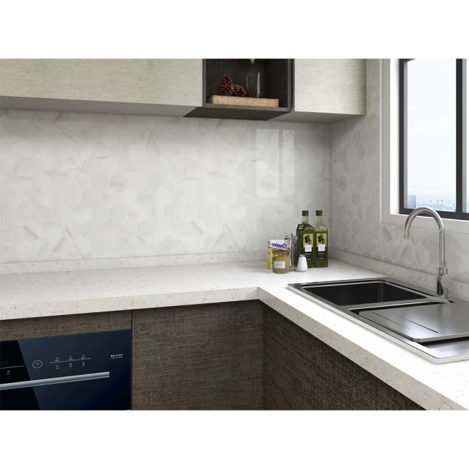 GTS Calcutta Gold Recycled Glass 4" Hexagon Tile, 12" x 12"
