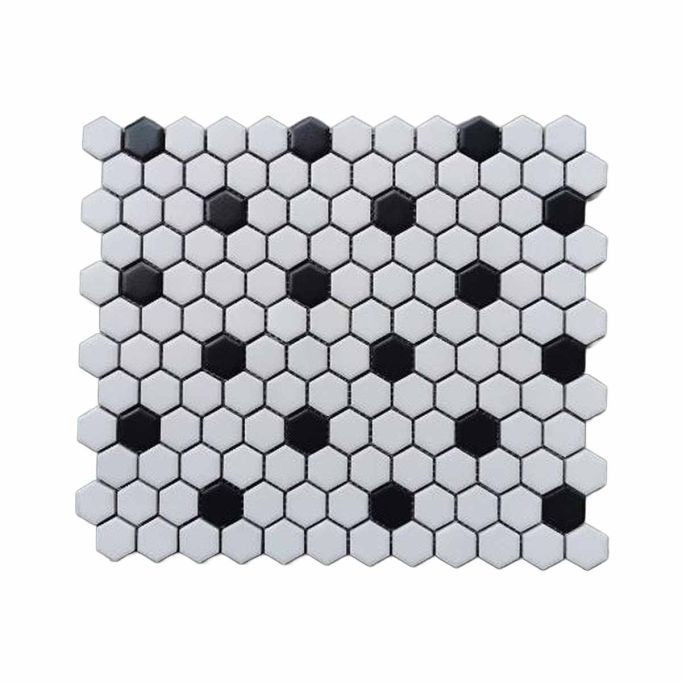 GTS Pure White & Raven Black Unglazed Porcelain 1" Hexagon Mosaic Tile, 12" x 12"