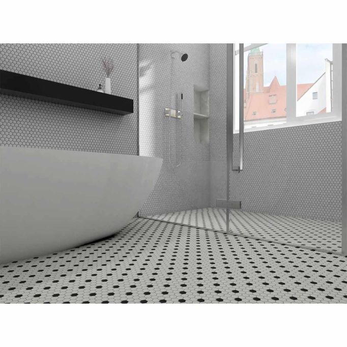 GTS Pure White & Raven Black Unglazed Porcelain 1" Hexagon Mosaic Tile, 12" x 12"