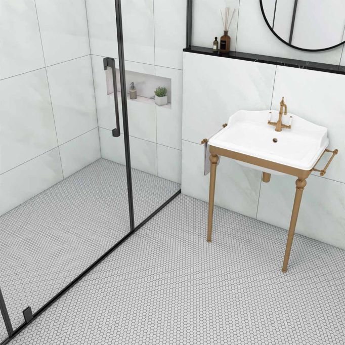 GTS Pure White Unglazed Porcelain 1" Hexagon Mosaic Tile, 12" x 12"