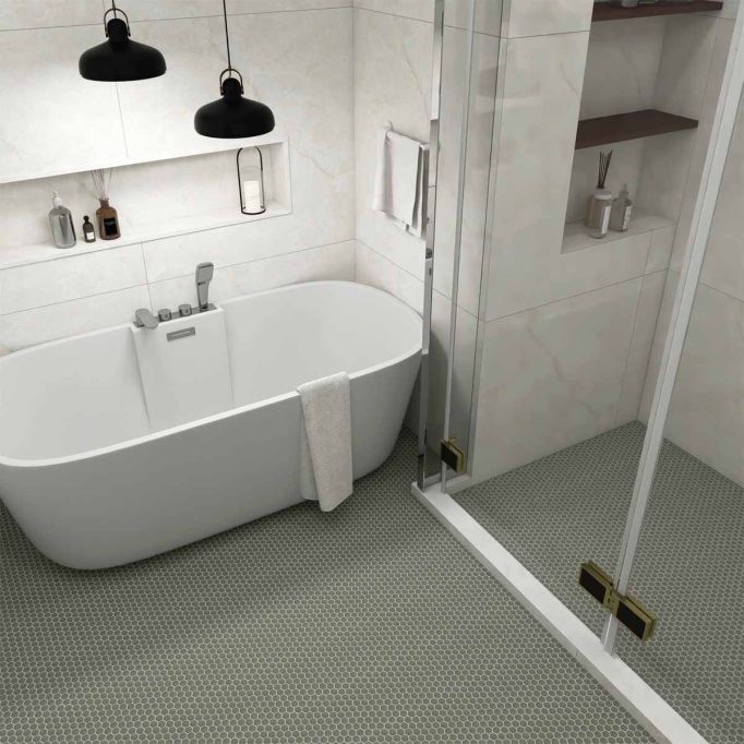 GTS Exclusive Grey Unglazed Porcelain 1" Hexagon Mosaic Tile, 12" x 12"